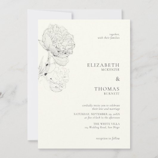 Delicate pioenrozen inkt parel wit elegante bruilo kaart (Voorkant)