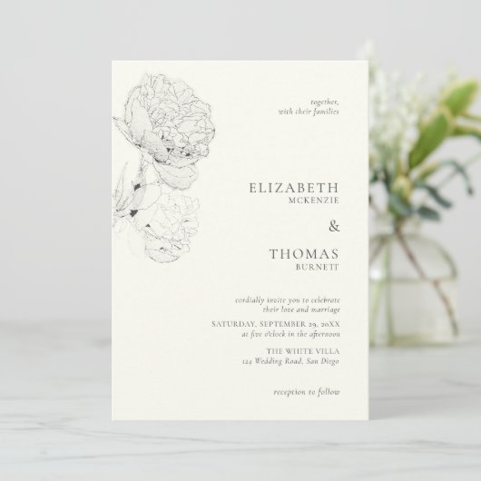 Delicate pioenrozen inkt parel wit elegante bruilo kaart (Staand voorkant)