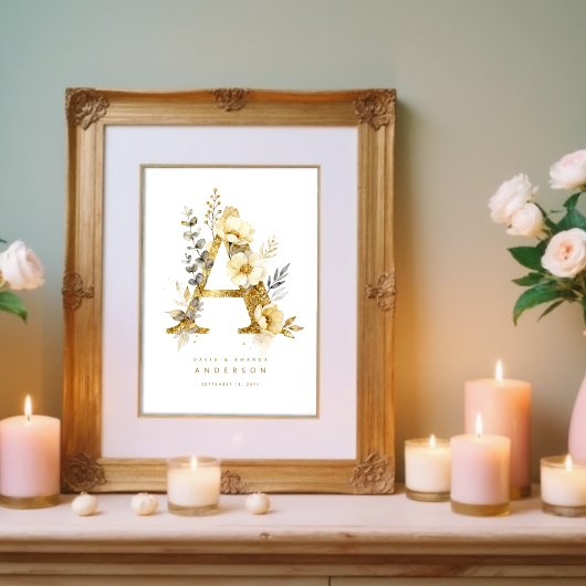 Delicate Romantic Floral A Letter Gold Glitter Poster