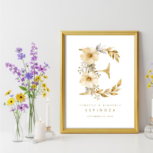 Delicate Romantic Floral E Letter Gold Glitter Poster