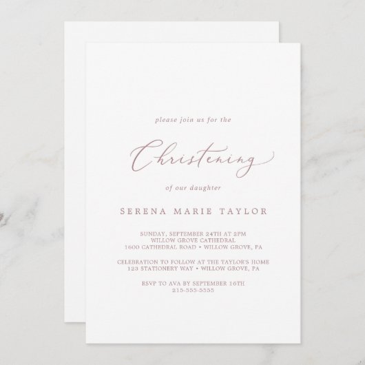 Delicate Roos Gold Calligraphy Christening Kaart (Voorkant / Achterkant)