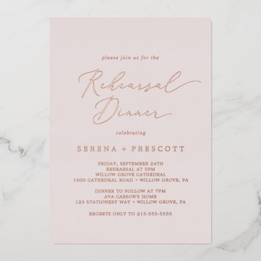 Delicate Roos Gold Foil | Blush repesial Dinner Folie Uitnodiging (Voorkant)