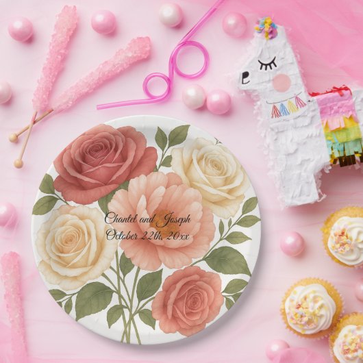 Delicate Roos pioen gepersonaliseerde bruiloft Papieren Bordje (Feest)