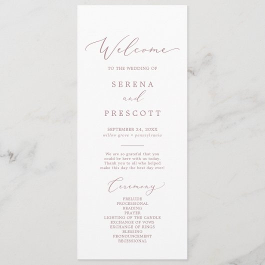 Delicate Rose Gold Calligraphy Wedding Programme (Devant)
