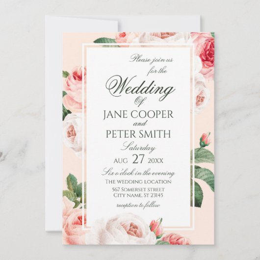 Delicate Roses floral Wedding Invitation Kaart (Voorkant)