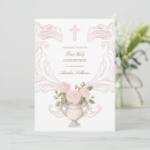 Delicate Roses Frame First Communion Kaart (Staand voorkant)