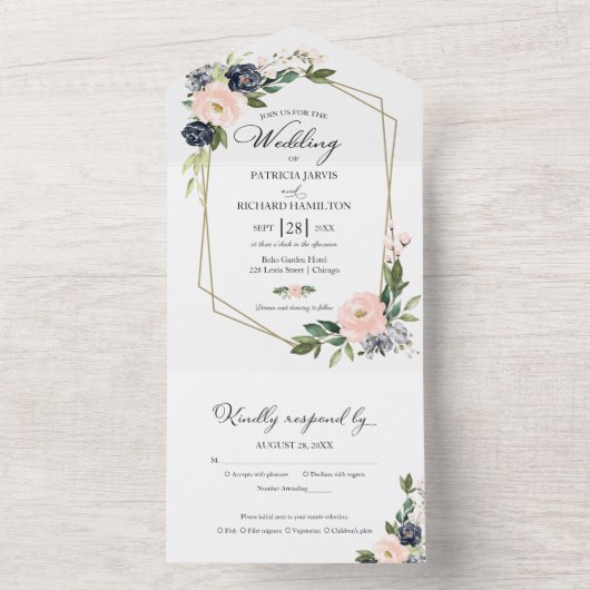 Delicate Roze Blauw Bloemen Geometrische Bruiloft All In One Uitnodiging (Binnen)
