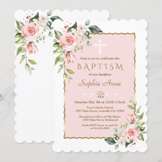 Delicate Roze Blush Bloemen Kruis Gouden Doop Kaart