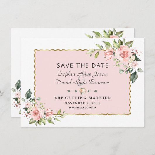 Delicate roze Blush Flowers Gold Lijst Weddenschap Save The Date (Voorkant / Achterkant)