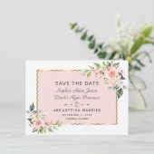 Delicate roze Blush Flowers Gold Lijst Weddenschap Save The Date (Staand voorkant)