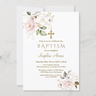 Delicate Roze Blush Gold Flowers Cross-Baptisme Kaart