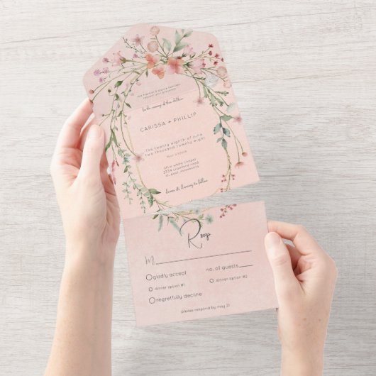 Delicate Roze Blush Rustieke Wildbloemen Diner All In One Uitnodiging (Afscheurbaar)