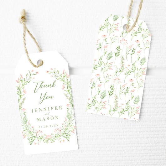 Delicate roze groene wilde bloem bruiloft dank u cadeaulabel