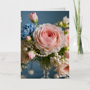 Delicate roze roos met parel in vaas folie wenskaart