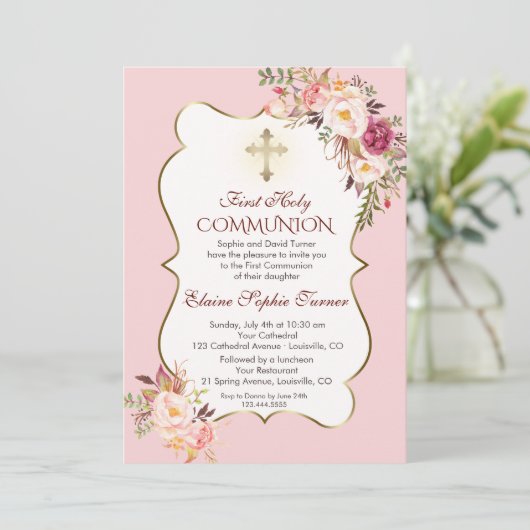 Delicate Roze Roze Bloem Eerste Heilige Communie Kaart (Staand voorkant)