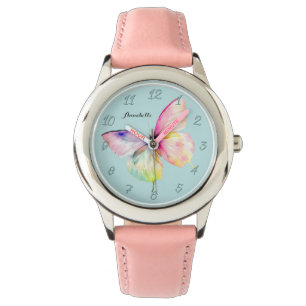 Delicate roze vlinder in pastel regenboog kleuren horloge