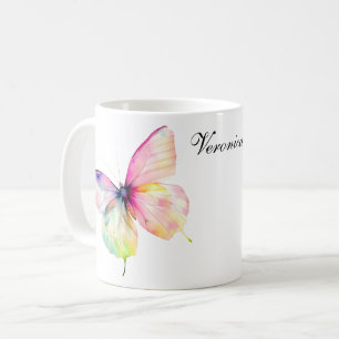 Delicate roze vlinder in pastel regenboog kleuren koffiemok