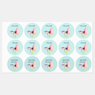 Delicate roze vlinder in pastel regenboog kleuren labels