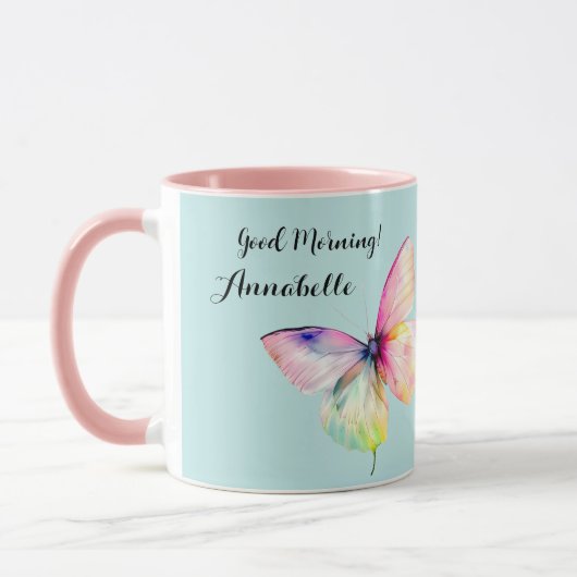 Delicate roze vlinder in pastel regenboog kleuren mok (Links)