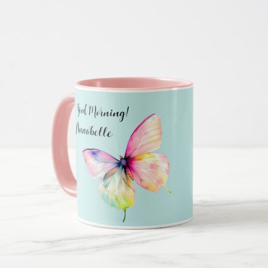 Delicate roze vlinder in pastel regenboog kleuren mok (Voorkant links)