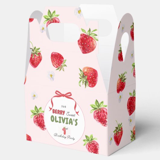 Delicate Roze Waterverf Aardbei Eerste Verjaardag Bedankdoosjes (Geopend)