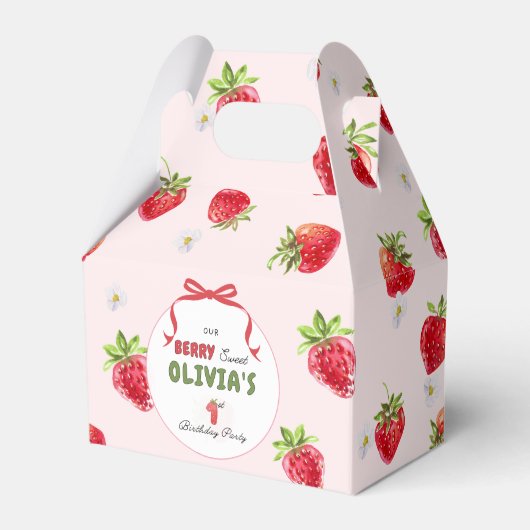 Delicate Roze Waterverf Aardbei Eerste Verjaardag Bedankdoosjes (Voorkant Zijde)
