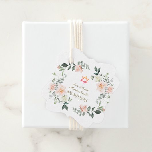 Delicate Roze Witte Bloemen Bat Mitzvah Bedankjes Labels (In situ)