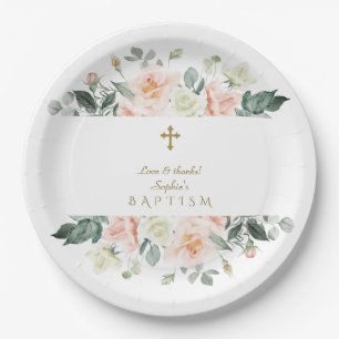 Delicate Roze Witte Bloemen Gouden Meisje Doop Papieren Bordje