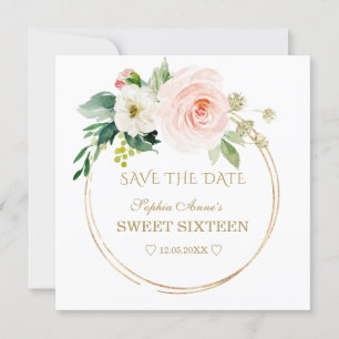 Delicate Roze Witte Bloemen Gouden Sweet Sixteen Save The Date