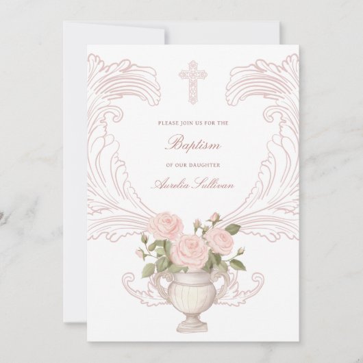 Delicate Rozen Kader Doop Uitnodiging (Voorkant)