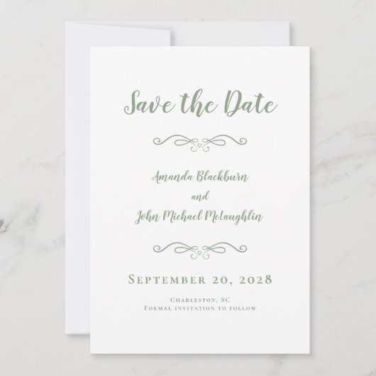 Delicate Sage Green Script Romantic Calligraphy Save The Date (Voorkant)