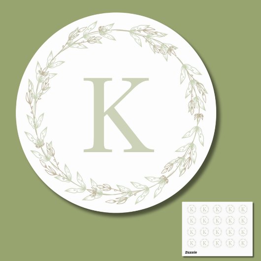 Delicate Sage Groene Krans Monogram Ronde Sticker