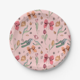 Delicate Schattigee Bloemen Tulpen en Bogen Roze Papieren Bordje