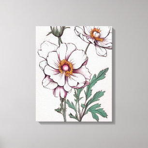 Delicate schoonheid: witte bloemen op roze canvas afdruk