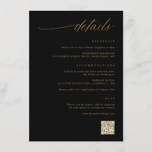 Delicate Script Zwart en Goud Bruiloft Details Informatiekaartje (Voorkant)