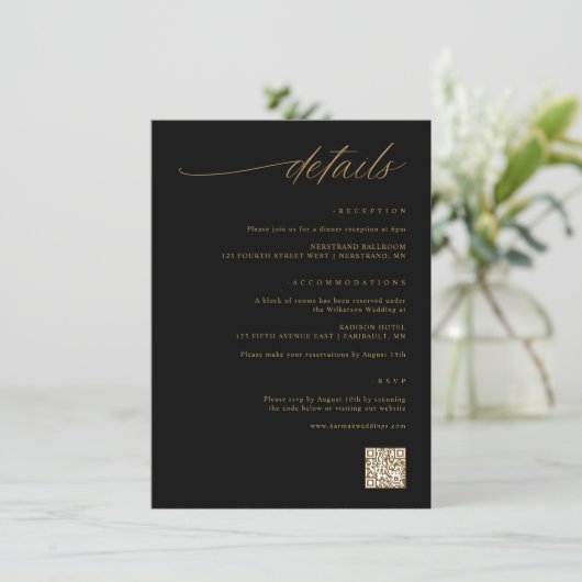 Delicate Script Zwart en Goud Bruiloft Details Informatiekaartje (Staand voorkant)