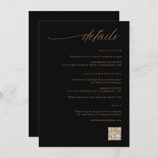 Delicate Script Zwart en Goud Bruiloft Details Informatiekaartje (Voorkant / Achterkant)