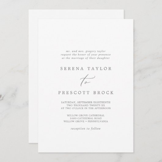 Delicate Silver Calligraphy Traditional Wedding Kaart (Voorkant / Achterkant)