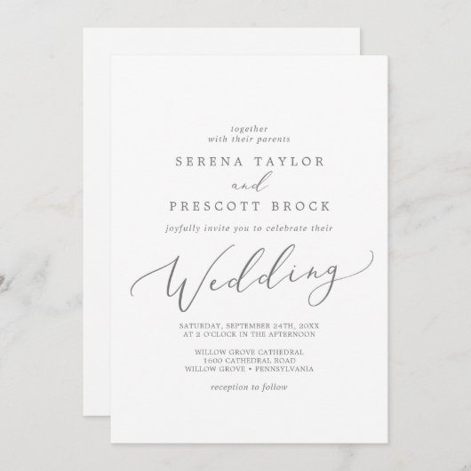 Delicate Silver Calligraphy Wedding Kaart (Voorkant / Achterkant)