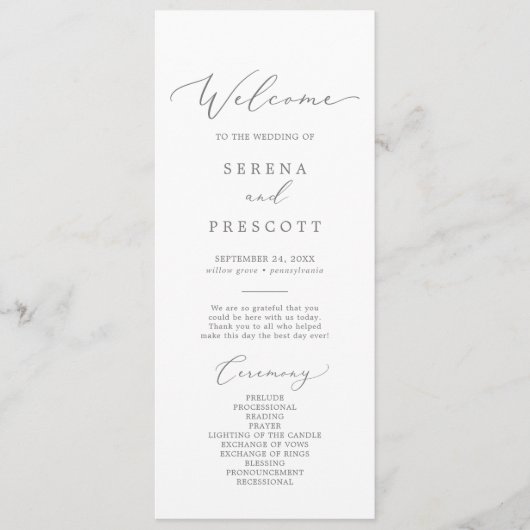 Delicate Silver Calligraphy Wedding Programme Programma (Voorkant)