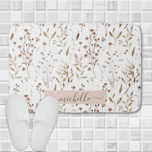 Delicate Watercolor Bruine Bloemen Bladeren Patroo Badmat