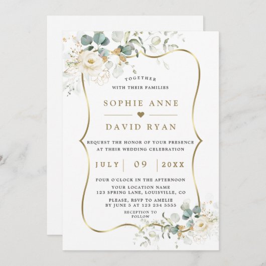 Delicate Waterverf Bloemige Bladeren Gouden Bruilo Kaart (Voorkant / Achterkant)