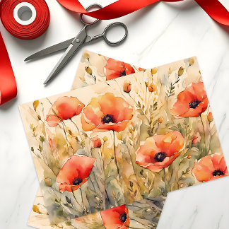 Delicate Waterverf Bold Sinaasappel Poppy Blooms Tissuepapier