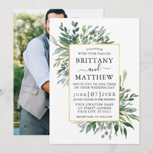 Delicate Waterverf Greenery Foto Gold Wedding Kaart