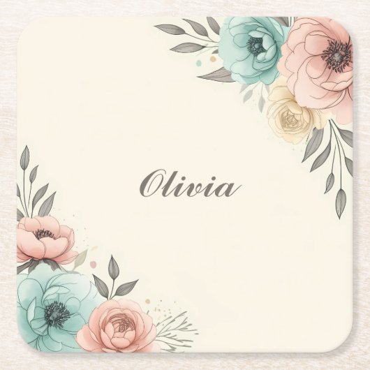 Delicate Waterverf Sketchy Flowers Vierkante Kartonnen Onderzetter (Voorkant)
