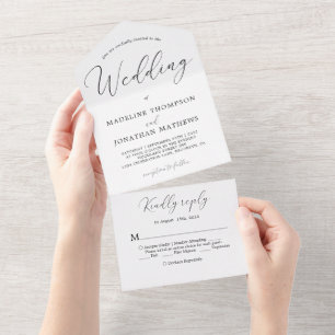 Delicate White Black Minimal Calligraphy Wedding All In One Uitnodiging