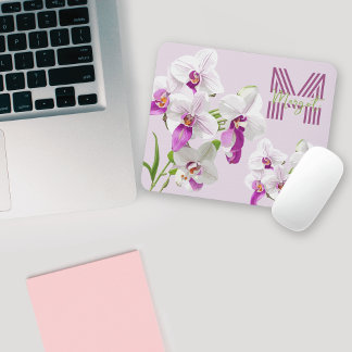 Delicate White Orchids Monogram Mousepad Muismat
