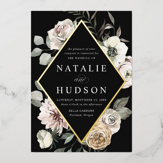 Delicate Winter Bloemen Lijst Zwart Bruiloft Folie Uitnodiging (Voorkant)