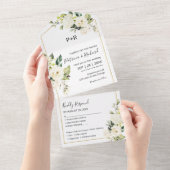 Delicate witte crème bloemige elegante bruiloft all in one uitnodiging (Afscheurbaar)