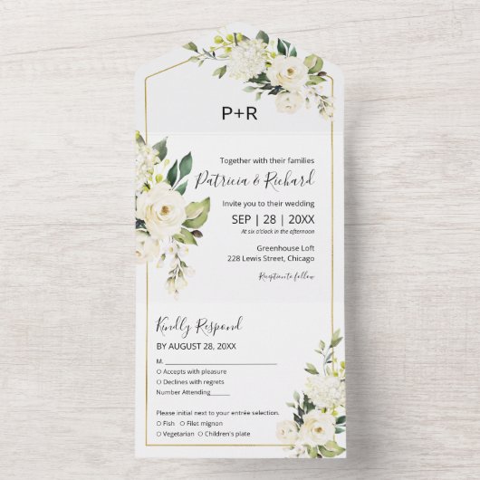 Delicate witte crème bloemige elegante bruiloft all in one uitnodiging (Binnen)